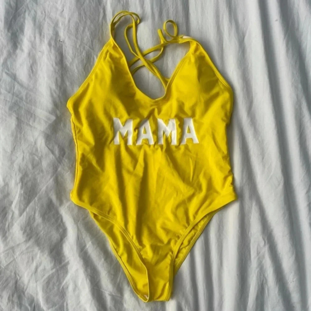 Mama Yellow Graphic One apiece Bathing Suit Swimwear L New - Picture 2 of 8